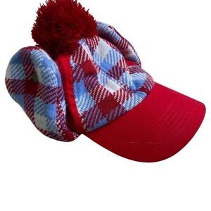 Red White Blue Plaid Hat Ear Flaps Ugly Sweater Cap